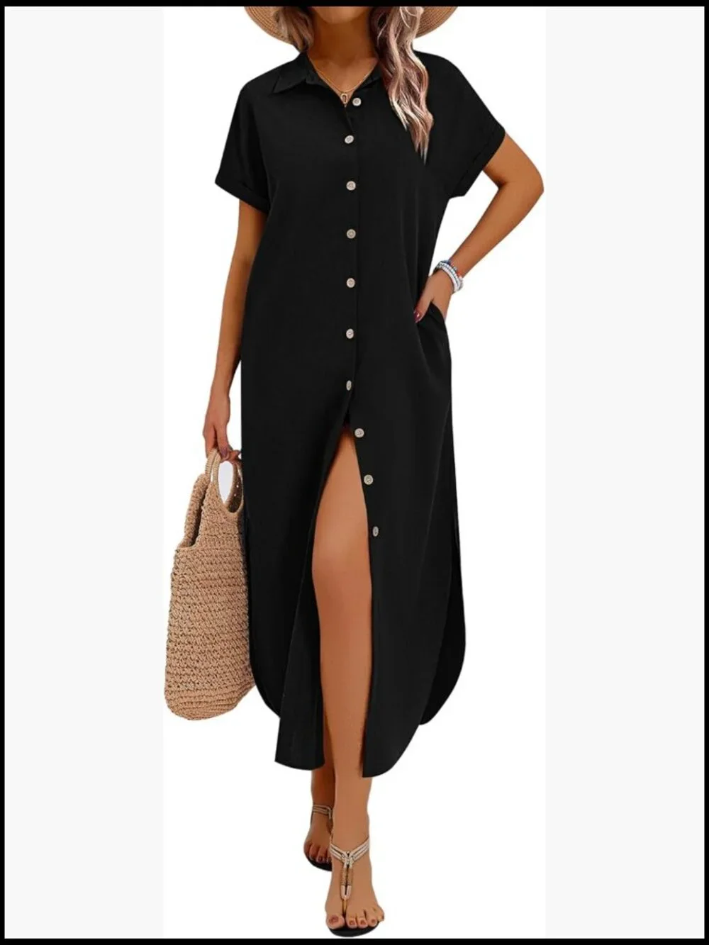 Viscose Blend Casual Maxi Shirt Dress with Pockets